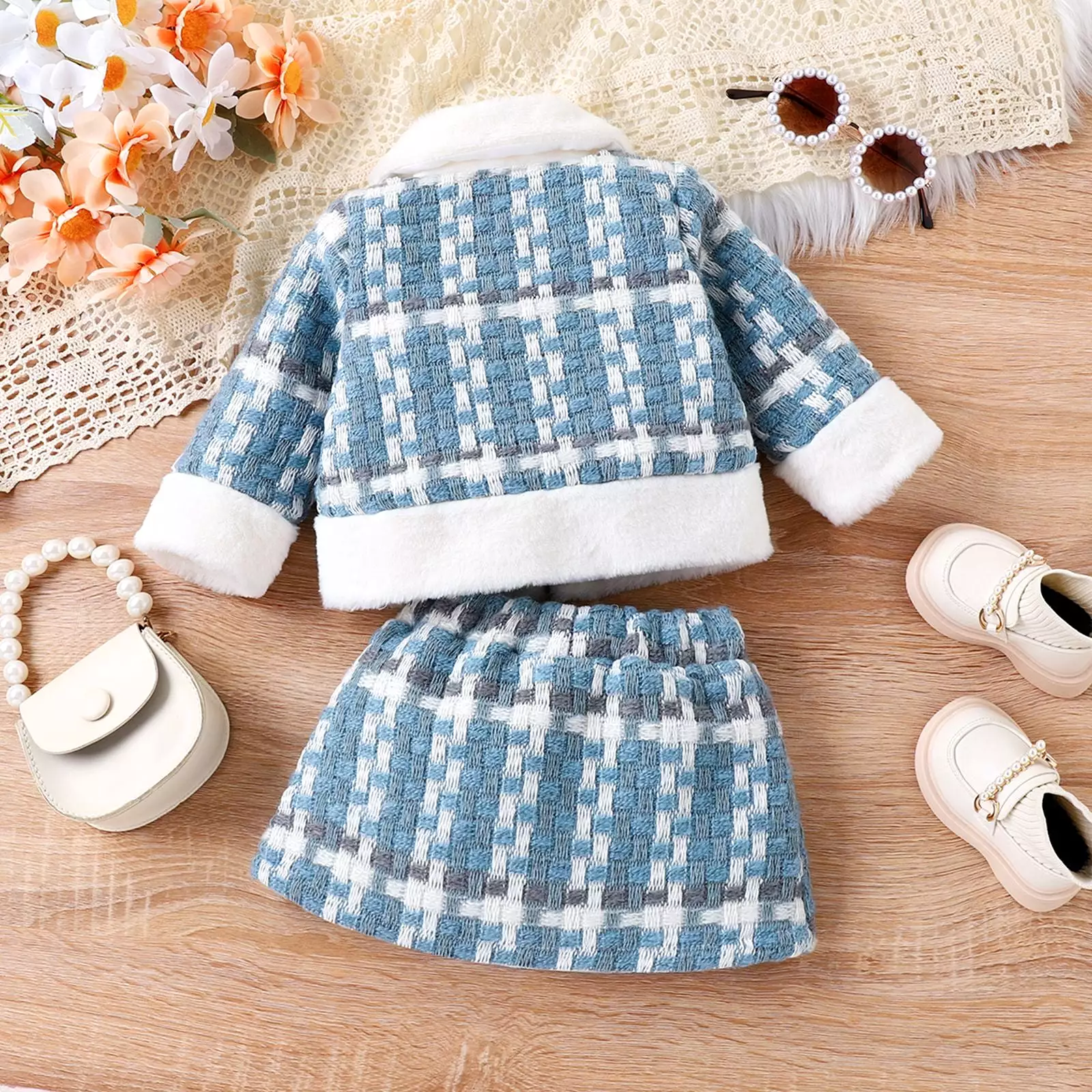 2 Pieces Set Baby Girls Checked Jackets Outwears And Skirts Wholesale 24011124