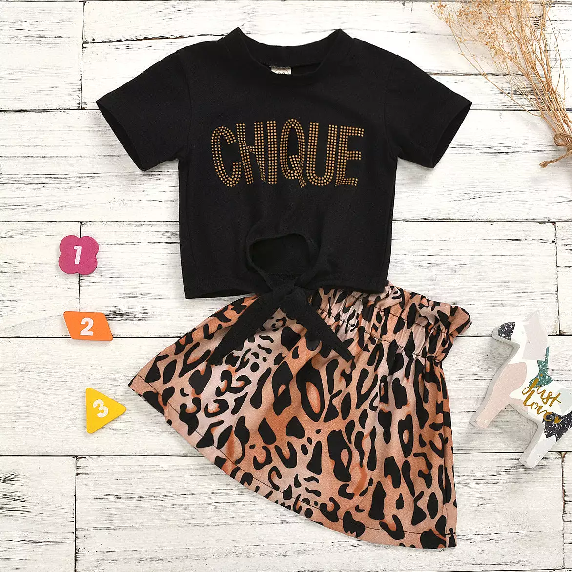 2 Pieces Set Baby Kid Girls Letters Tops And Leopard Skirts Wholesale 23113001