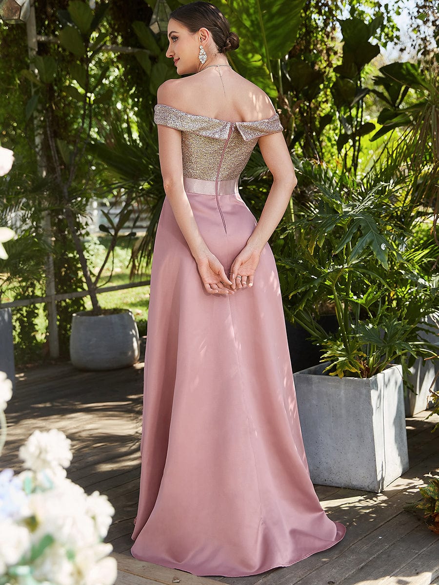 A Line Off Shoulder Evening Dress with Asymmetrical Hem Size 10 Style 006363B