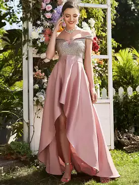 A Line Off Shoulder Evening Dress with Asymmetrical Hem Size 10 Style 006363B