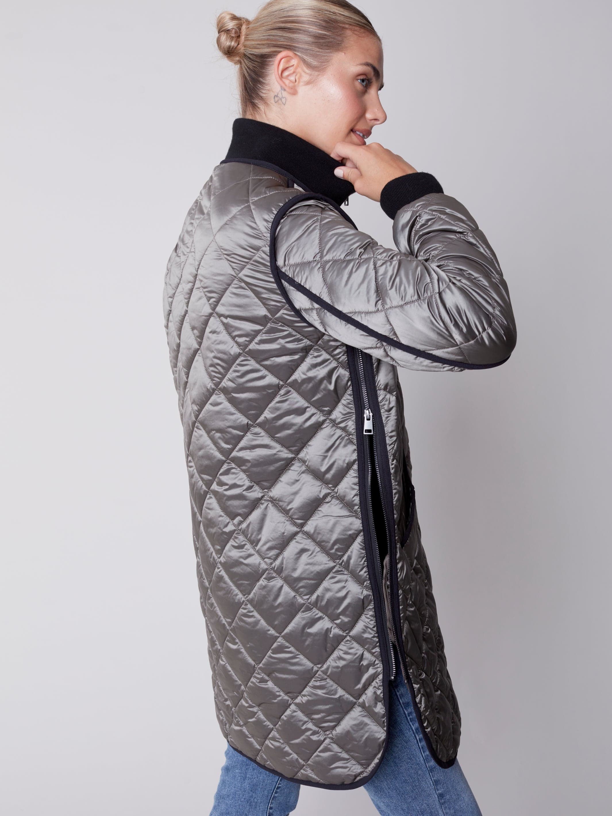 Charlie B Long Quilted Pleather Jacket - C6253