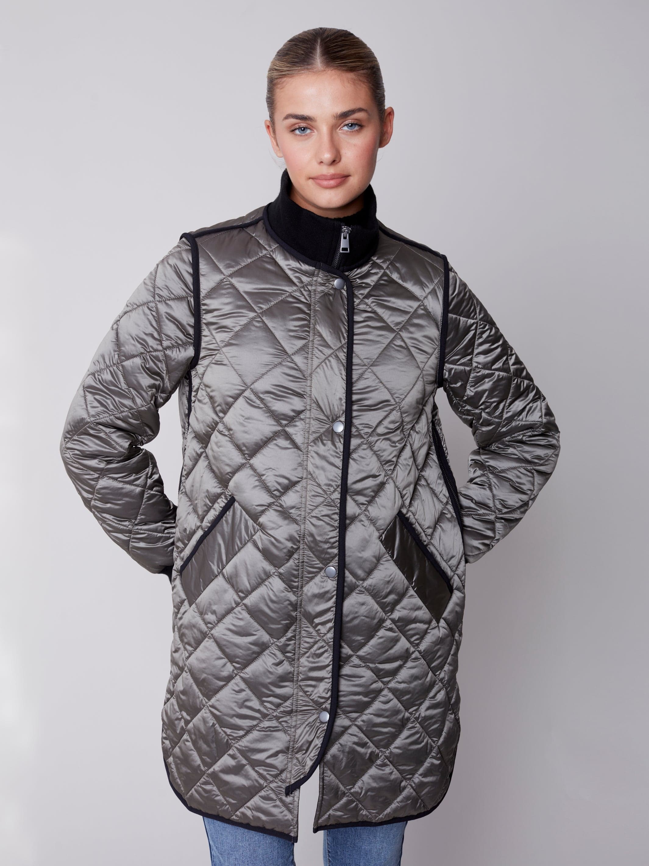 Charlie B Long Quilted Pleather Jacket - C6253