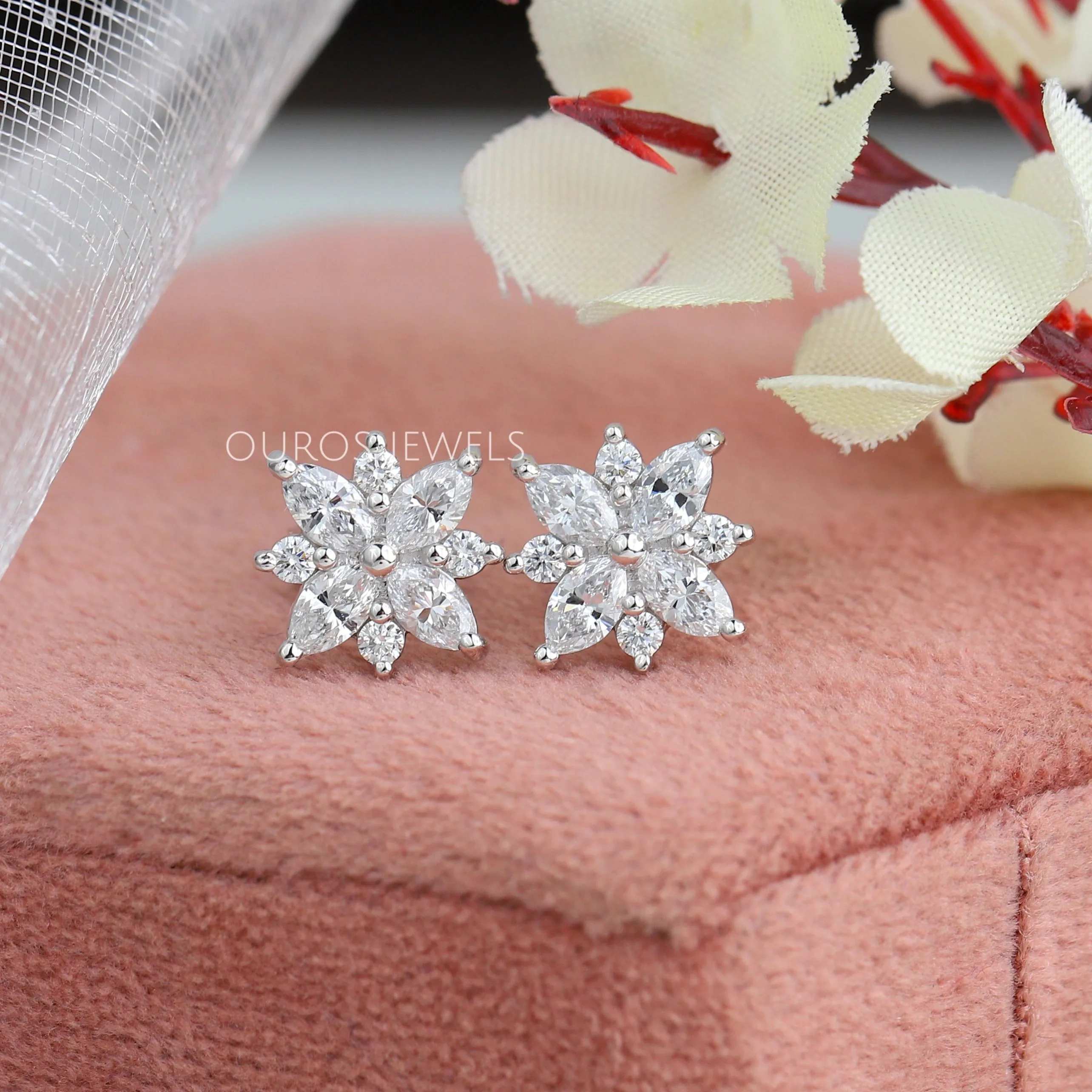 Cluster Diamond Marquise Stud Gold Earrings