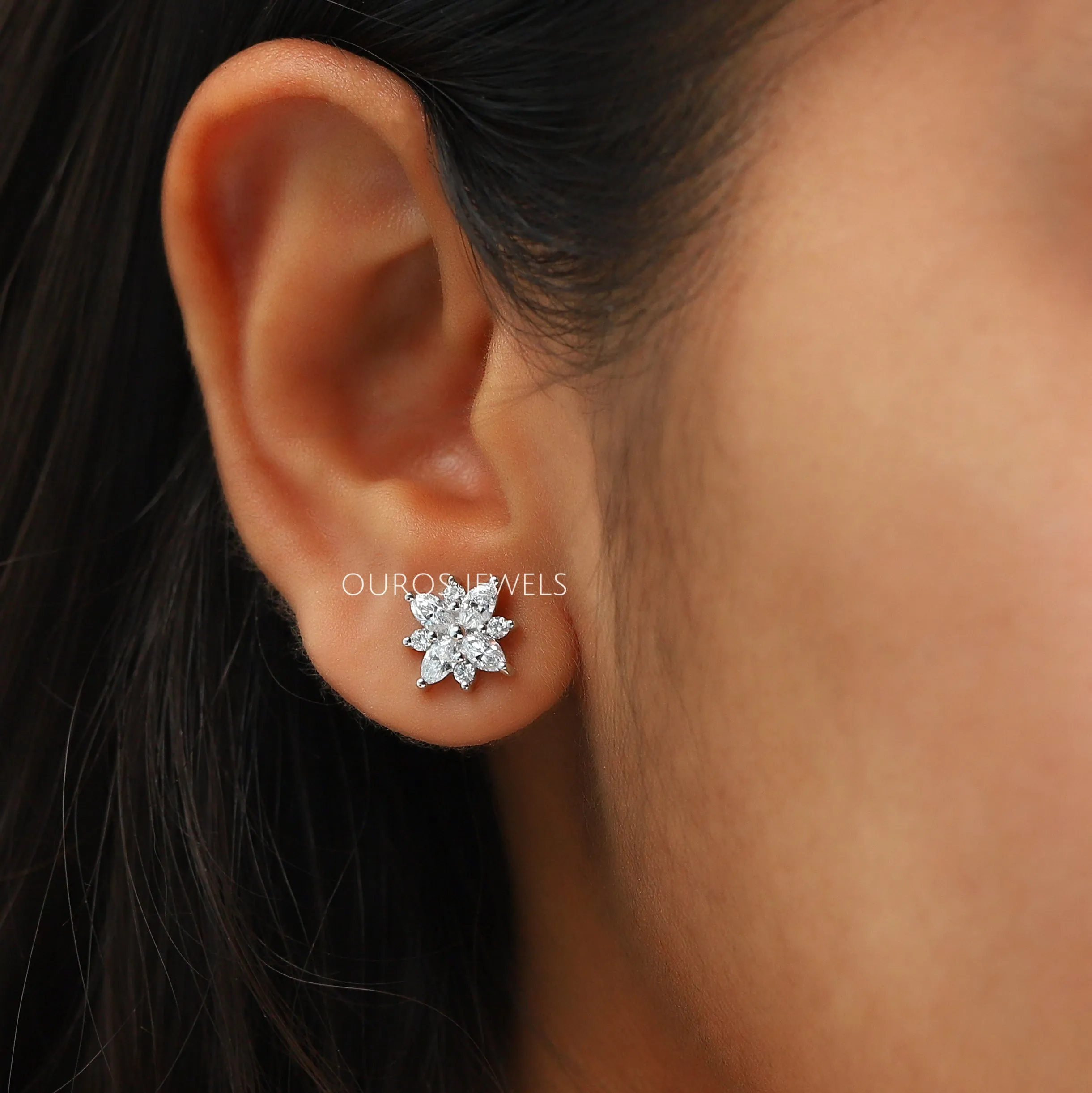 Cluster Diamond Marquise Stud Gold Earrings