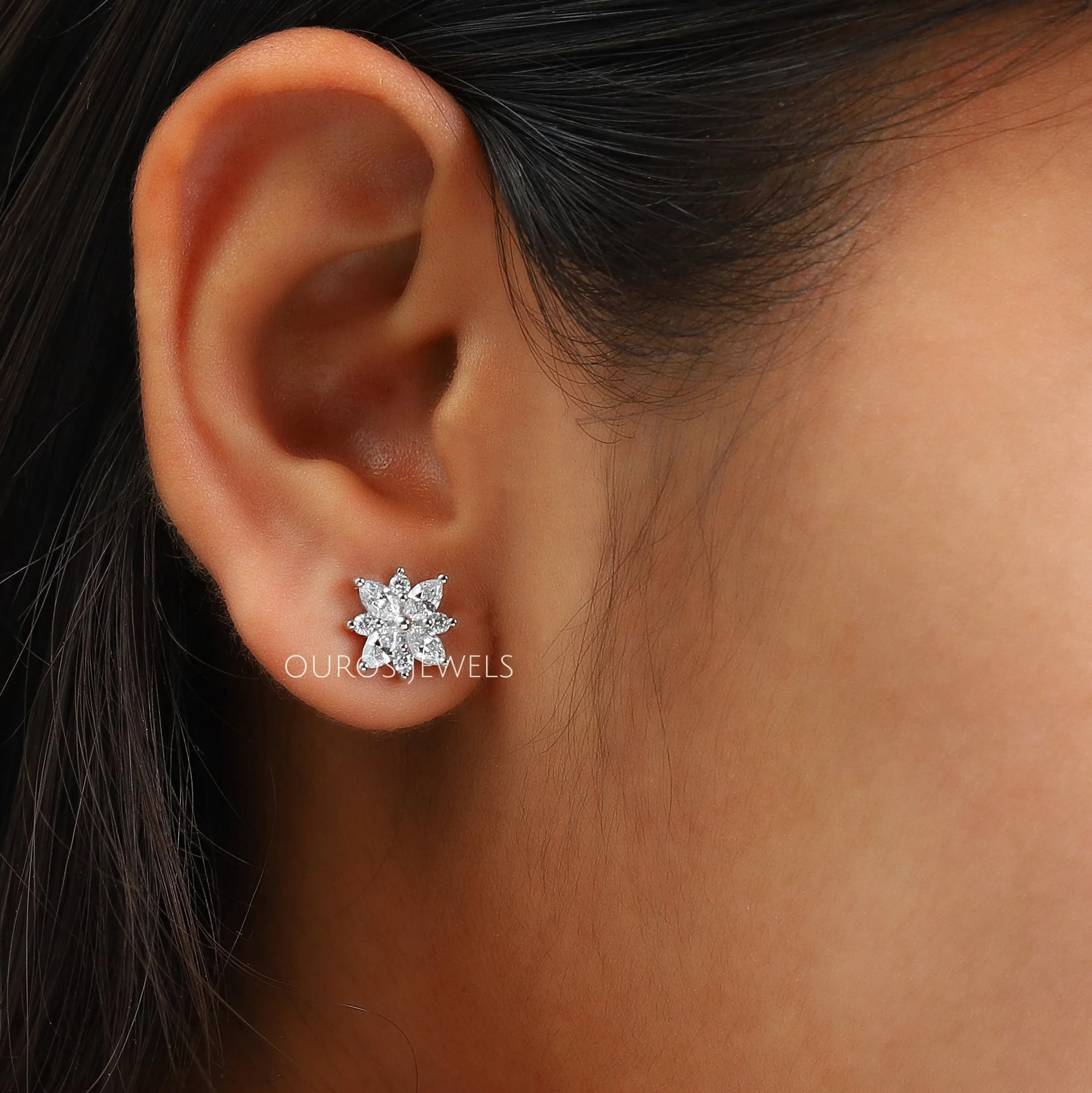 Cluster Diamond Marquise Stud Gold Earrings