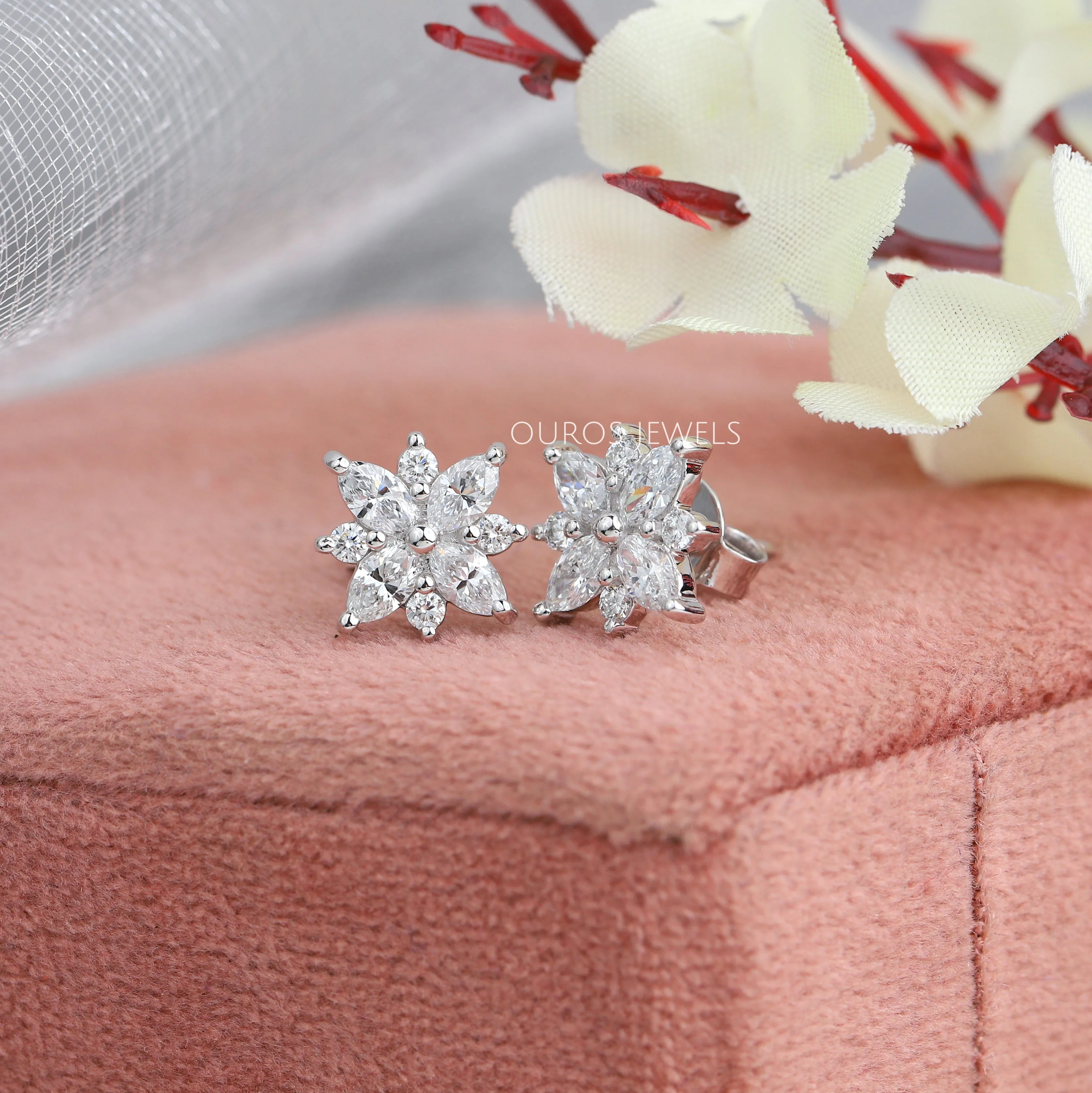 Cluster Diamond Marquise Stud Gold Earrings