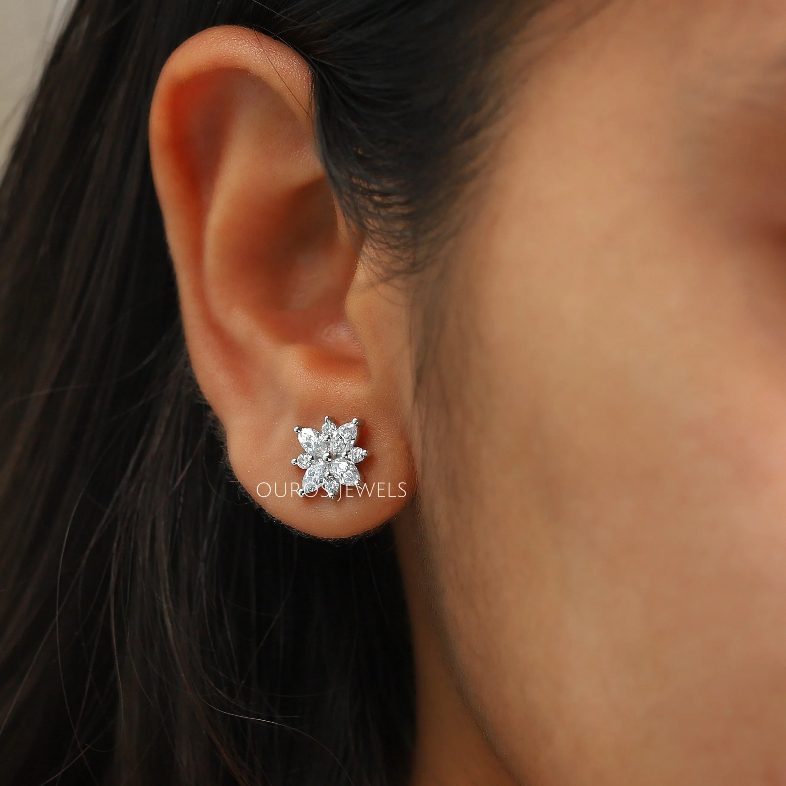 Cluster Diamond Marquise Stud Gold Earrings