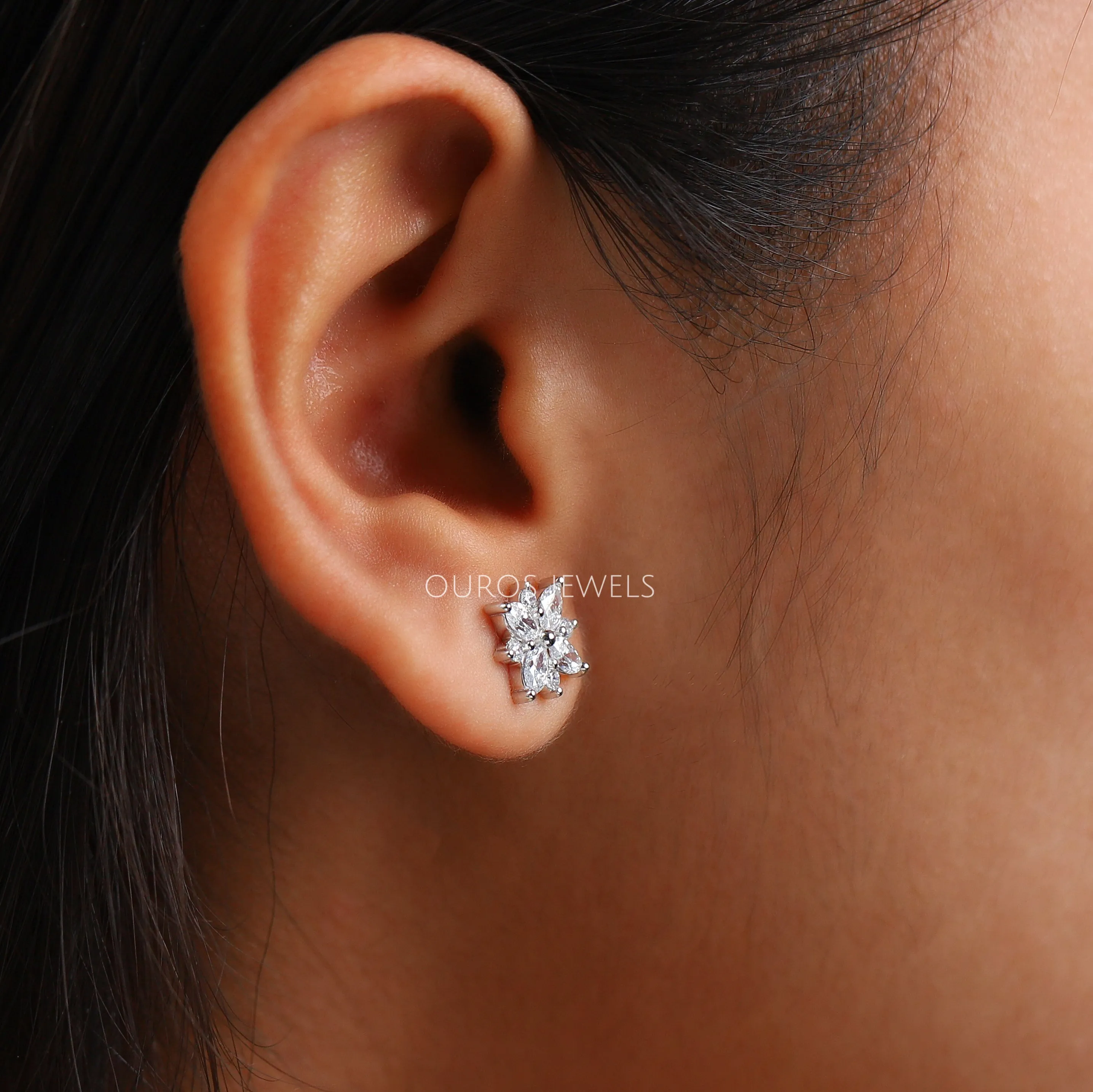 Cluster Diamond Marquise Stud Gold Earrings