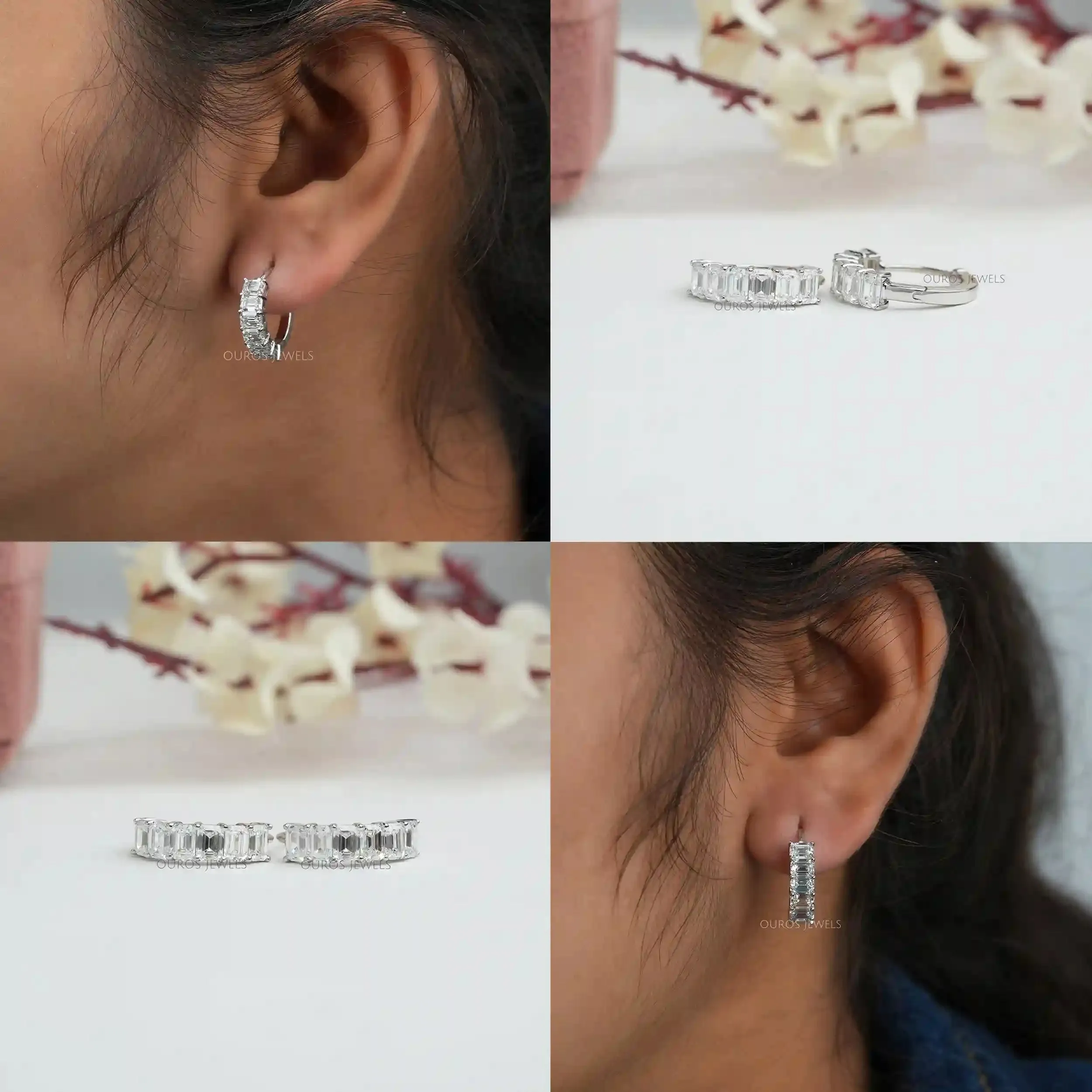 Emerald Cut Lab Grown Diamond  Hoop Earrings