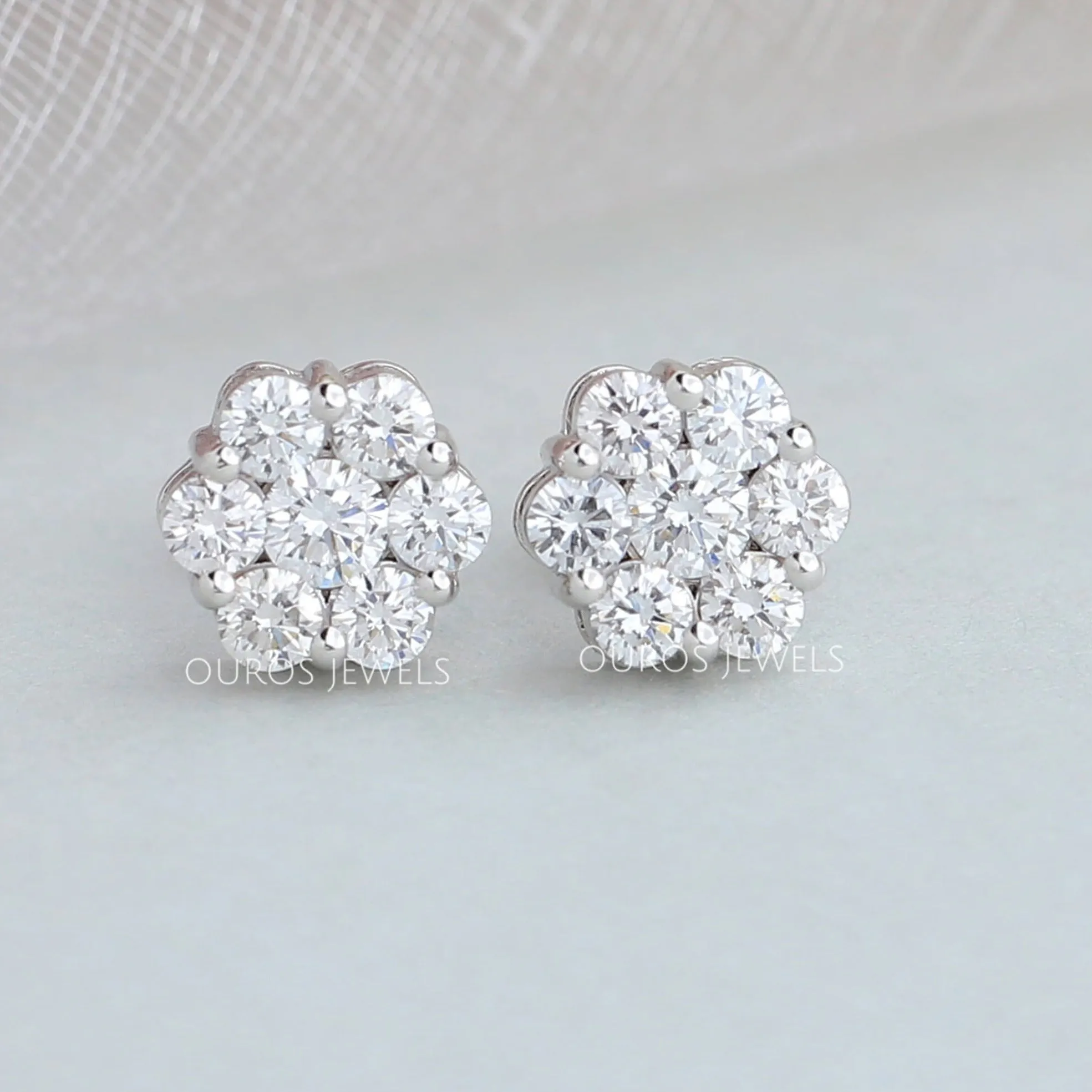 Floral Style Round Cut Halo Stud Earrings