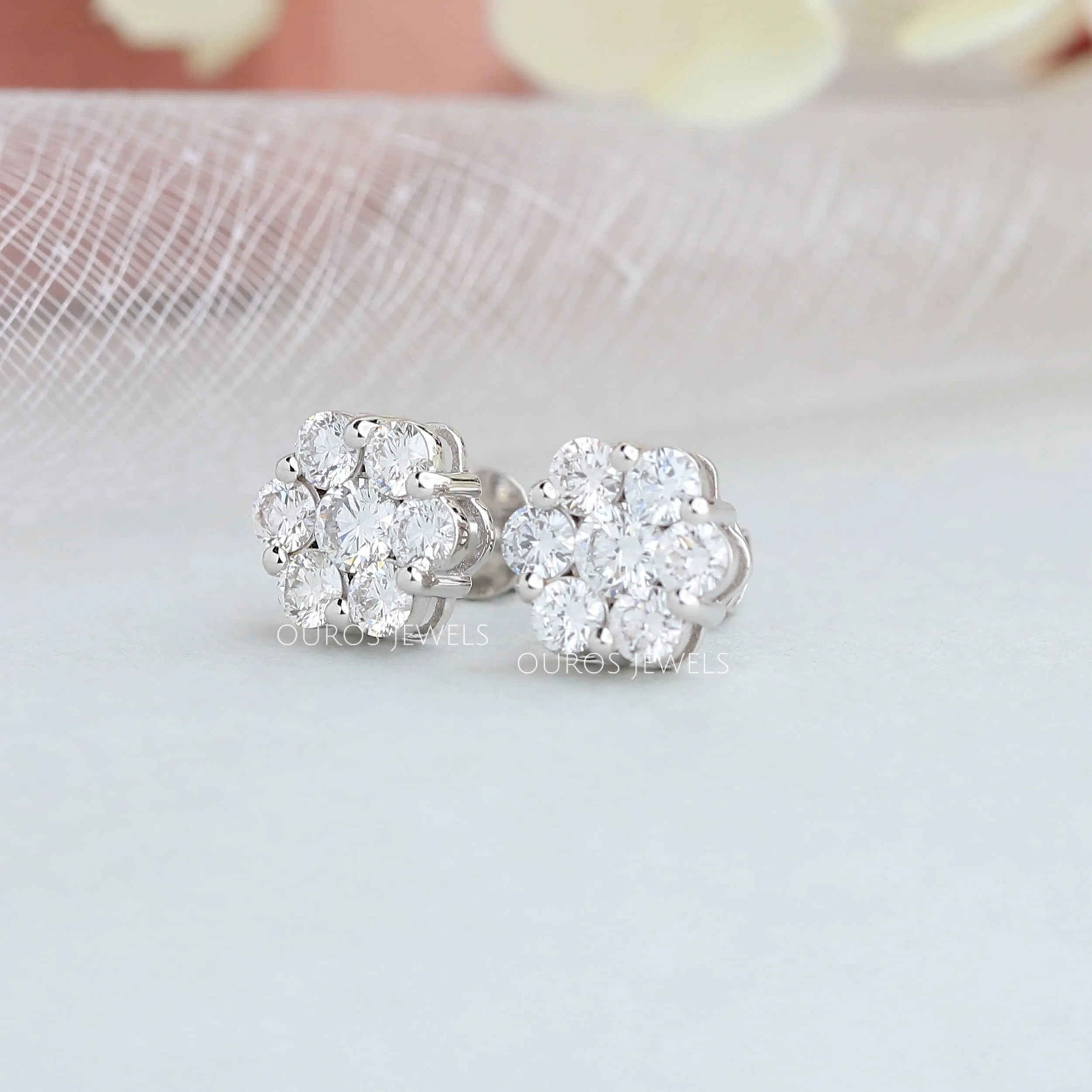 Floral Style Round Cut Halo Stud Earrings