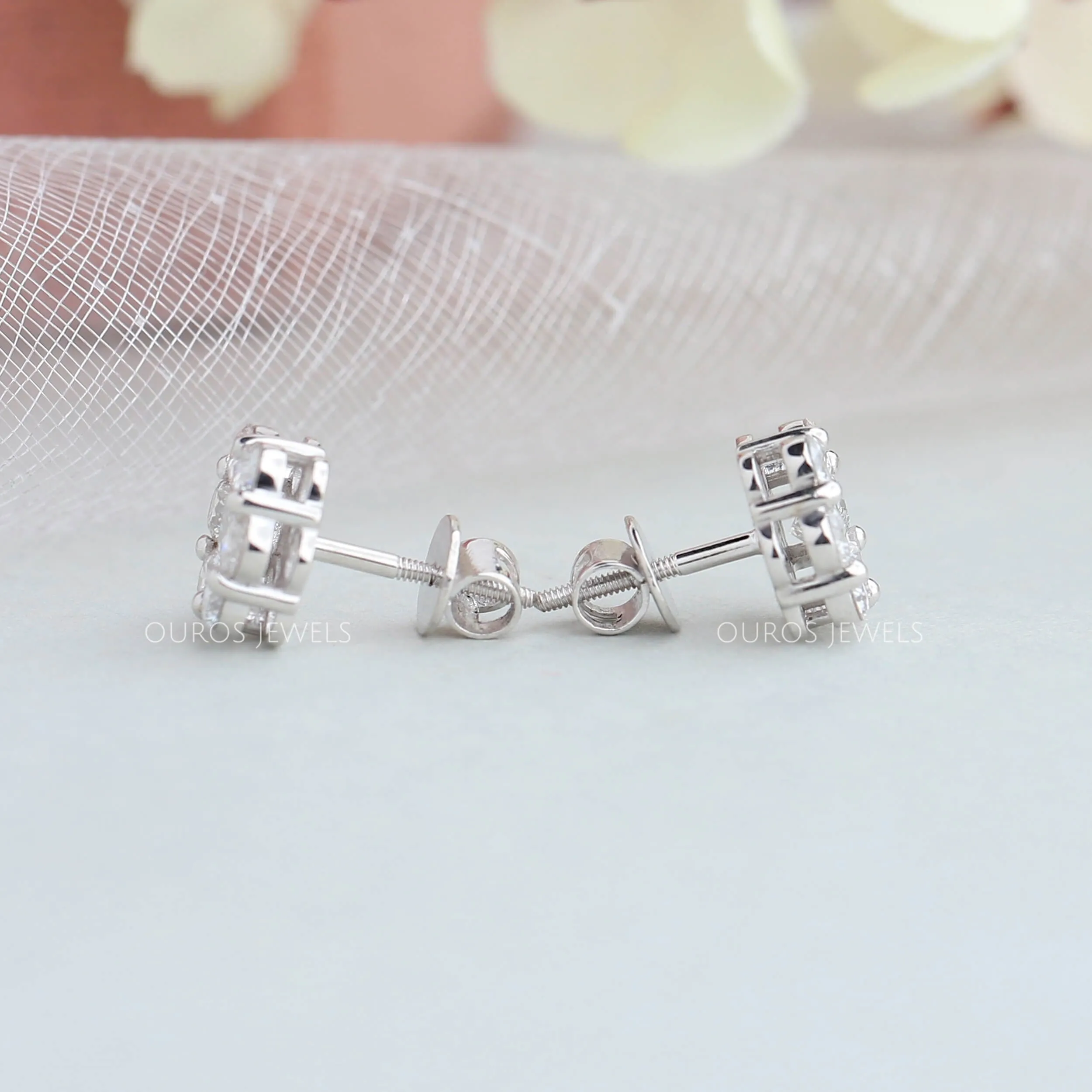 Floral Style Round Cut Halo Stud Earrings