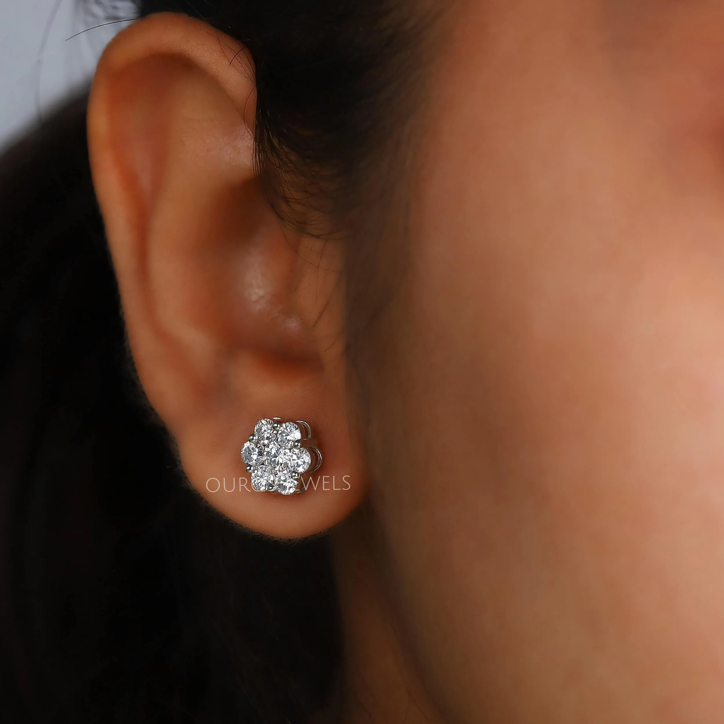 Floral Style Round Cut Halo Stud Earrings