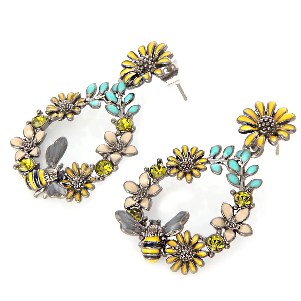 Flower Wreath and Bumble Bee Drop Earrings