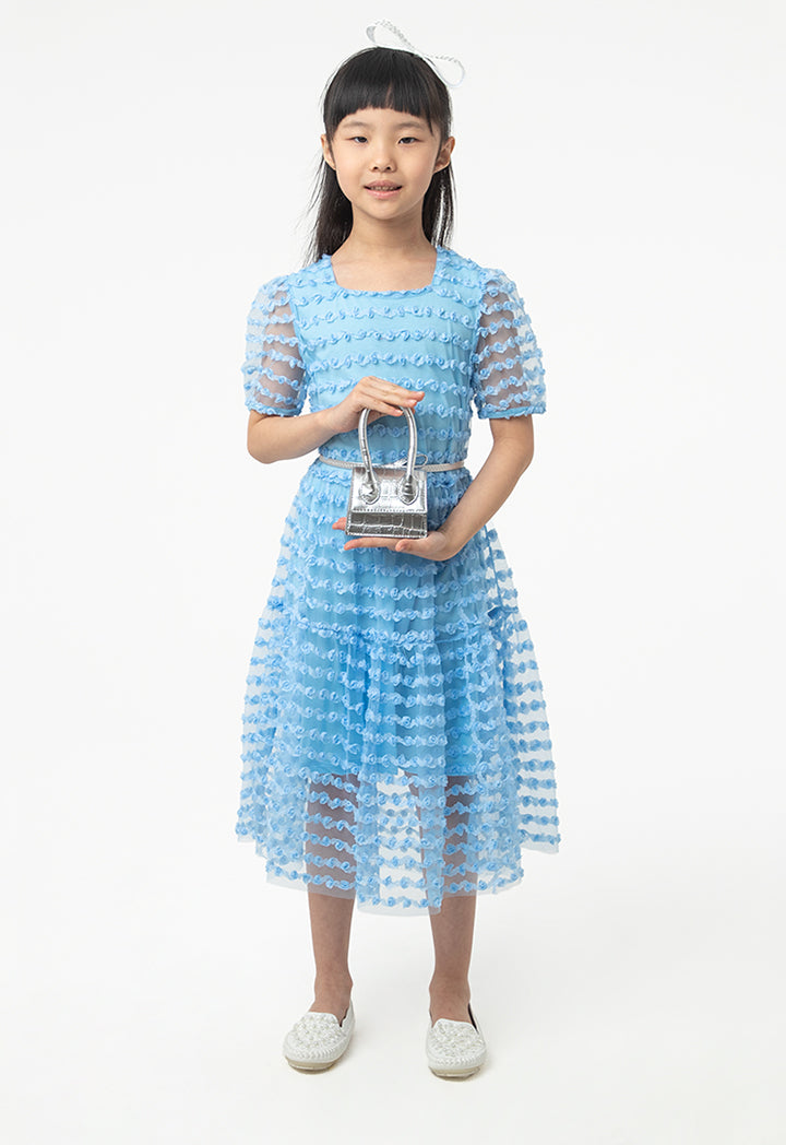 Flowers Puffy Organza Sleeves Dress With Belt