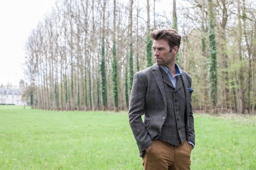 Harris tweed Sumburgh sports jacket - mid brown herringbone with blue and tan over check