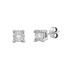 Jewelili 14K White Gold With Diamonds Solitaire Stud Earrings