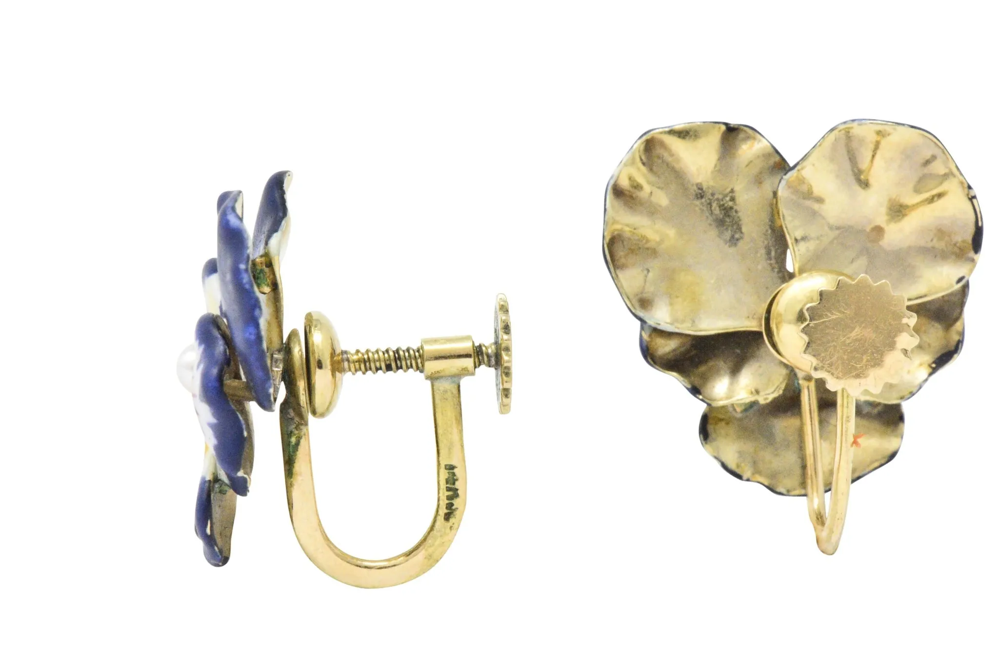 Krementz Enamel Seed Pearl And 14 Karat Gold Pansy Earrings