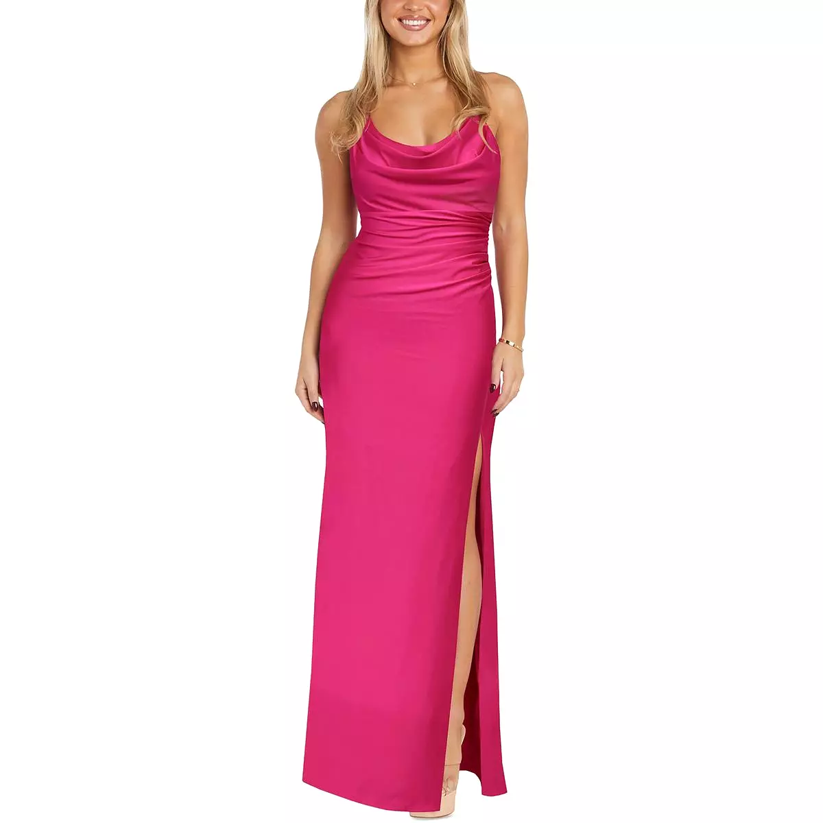 Morgan & Co. Womens Juniors Satin Cowl Neck Evening Dress