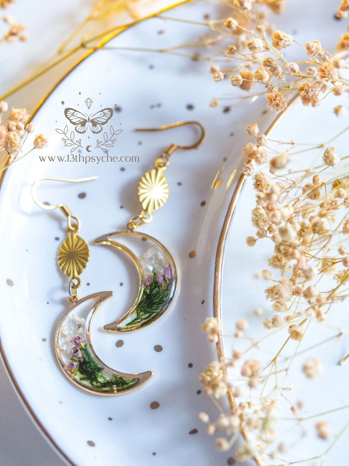 Moss and flowers dangle crescent moon earrings