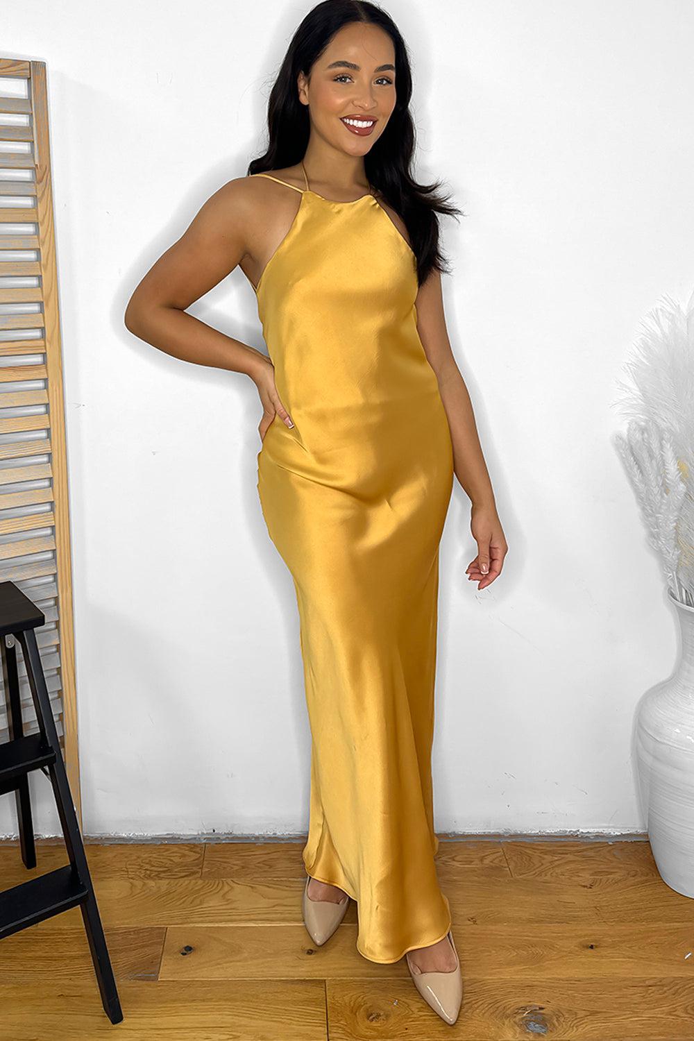 Mustard Strappy Open Back Maxi Evening Dress