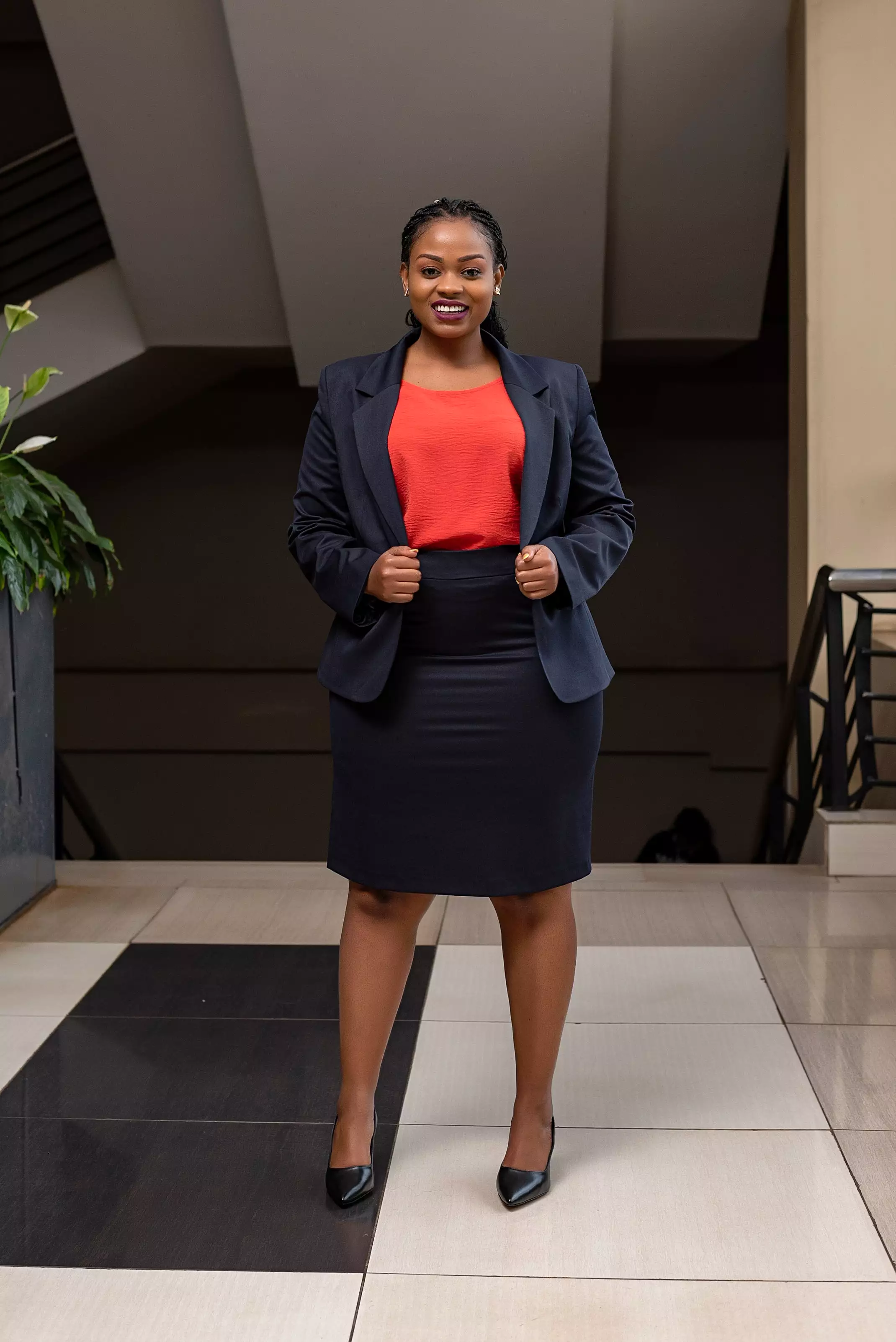 Navy blue sleeve button skirt suit