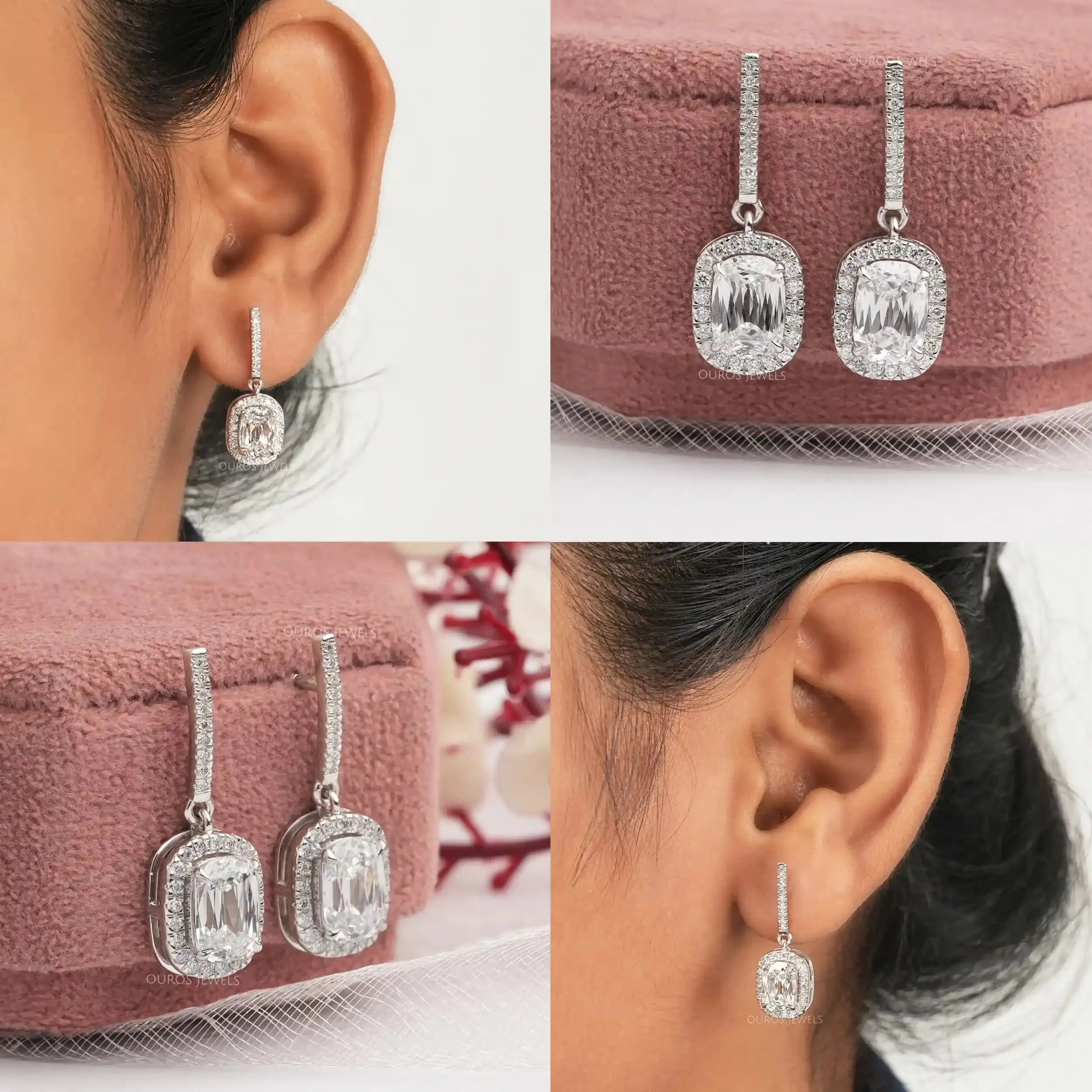 Old Mine Cushion Cut Lab Grown Diamond  Drop Earrings