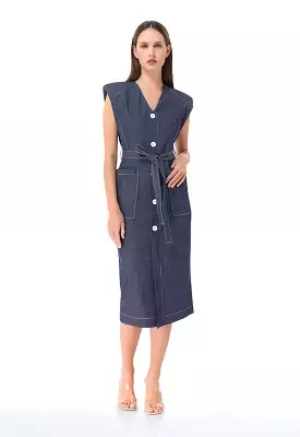 Padded Shoulder Denim Midi Dress