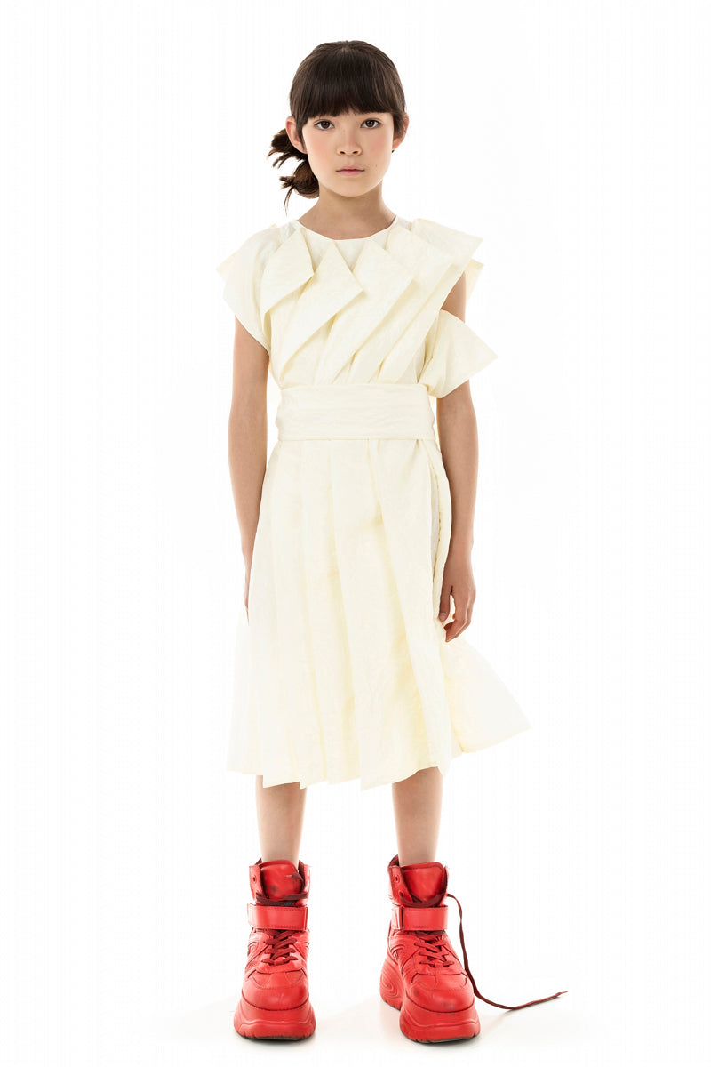 POLY SILK PLEATED DRESS WITH BELT