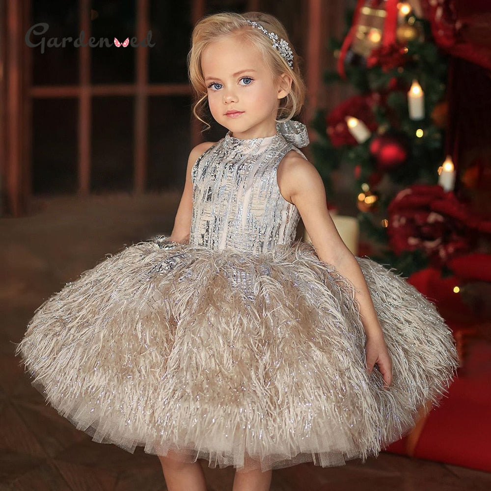 Puffy Feather Flower Girl Gown