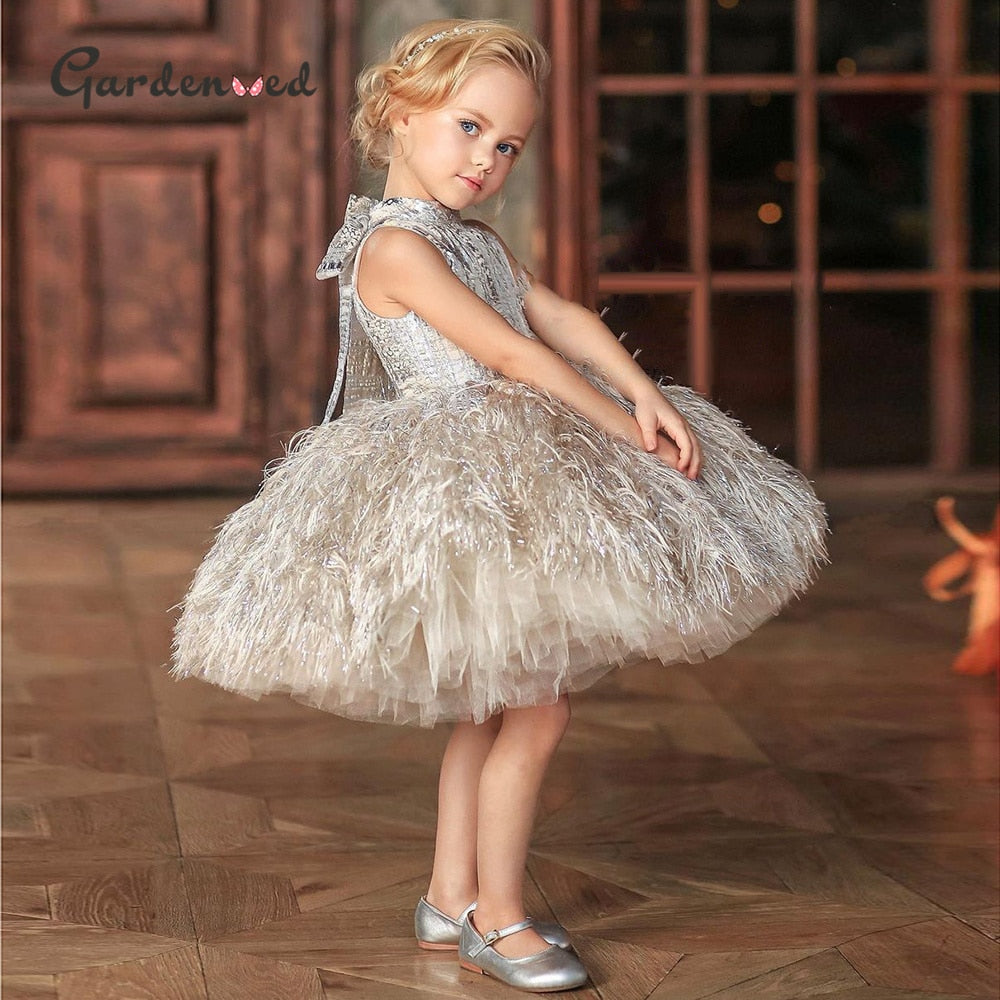 Puffy Feather Flower Girl Gown