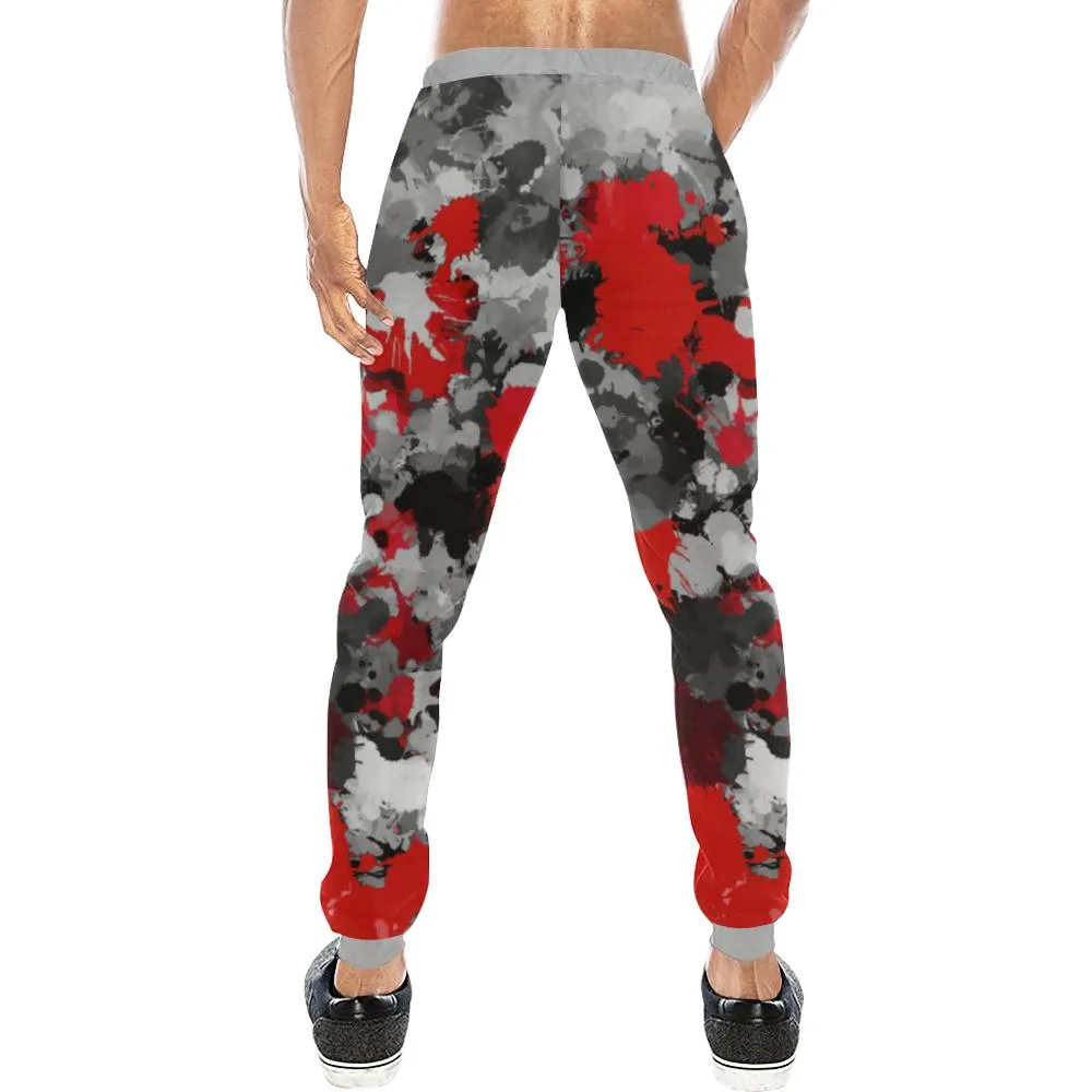 Red and Grey Paint Splatter All Over Print Light-Weight Men's Jogger Sweatpants (Non Fleece Lined)