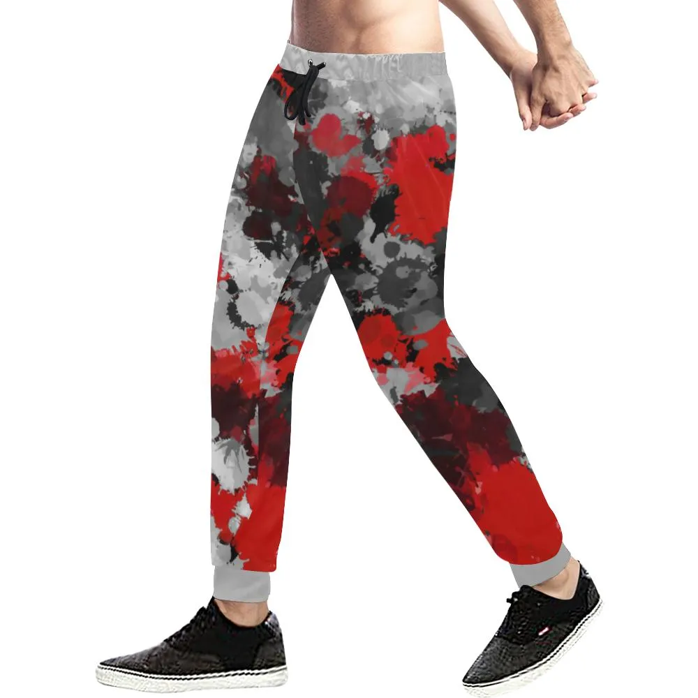 Red and Grey Paint Splatter All Over Print Light-Weight Men's Jogger Sweatpants (Non Fleece Lined)