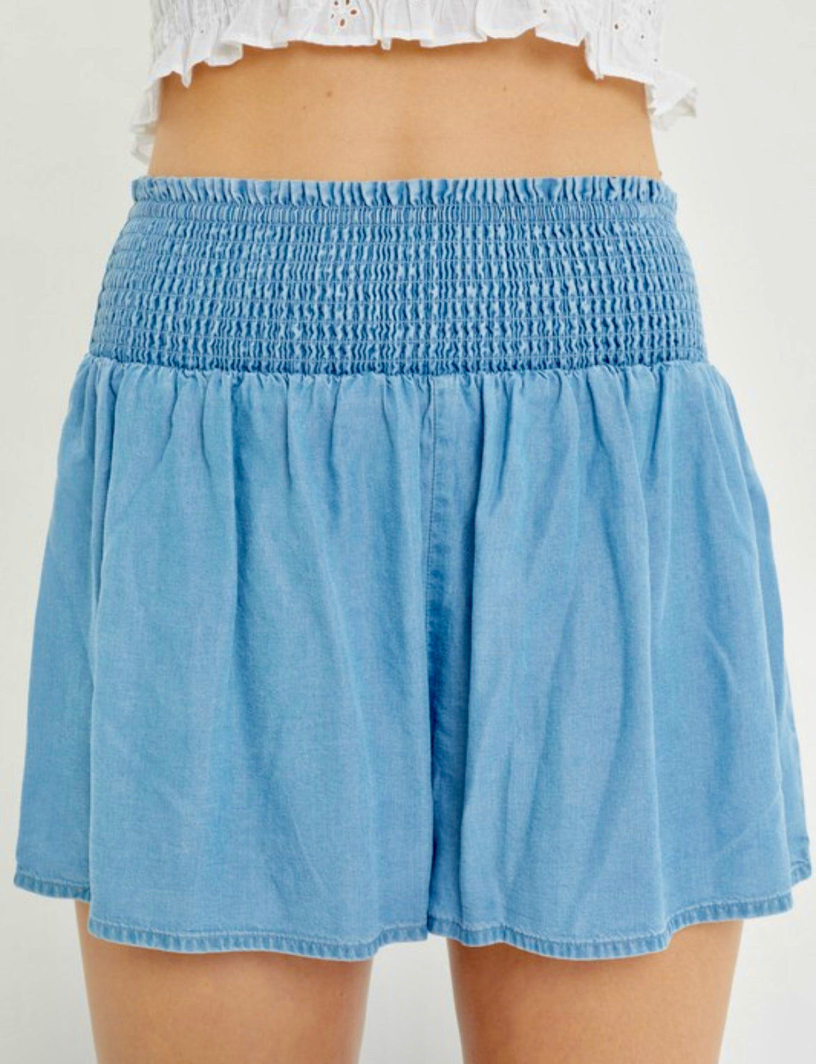 Tencel blue shorts- smocked waist