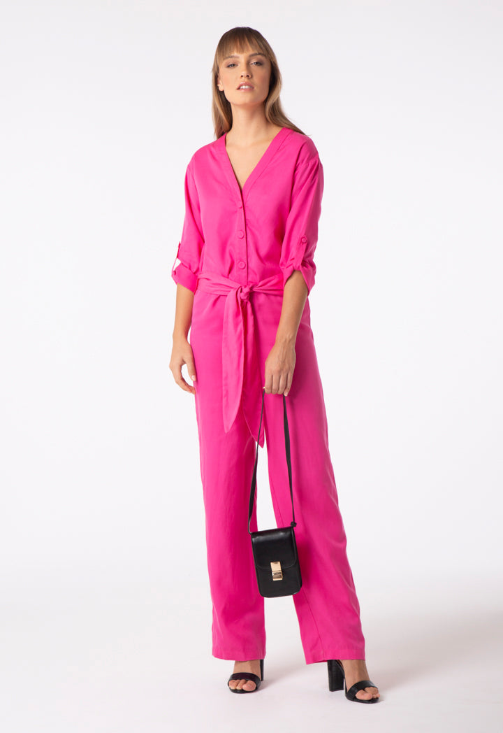 V Neck Button Front Jumpsuit