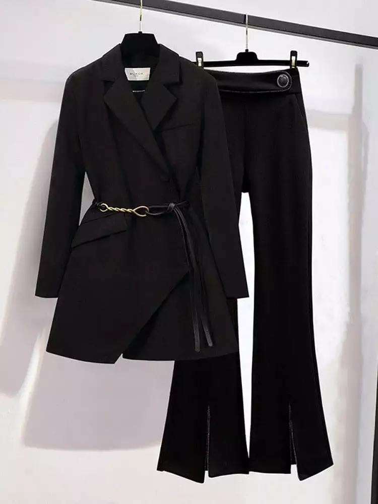 Women Pant Suits Office Sets Irregular Design Blazer Women Solid Color Bell Bottoms