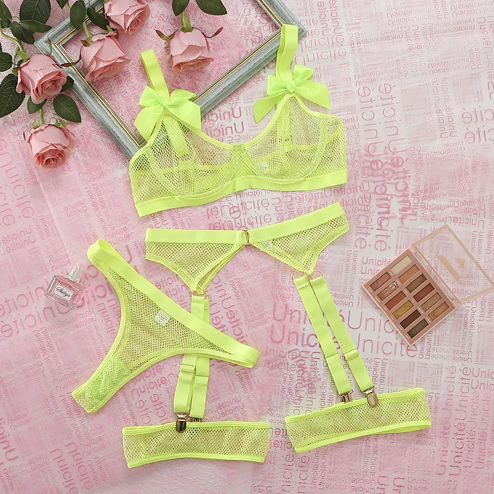 Women's Neon See-Through Transparent Mesh Bowknot 5pcs Lingerie with Socks