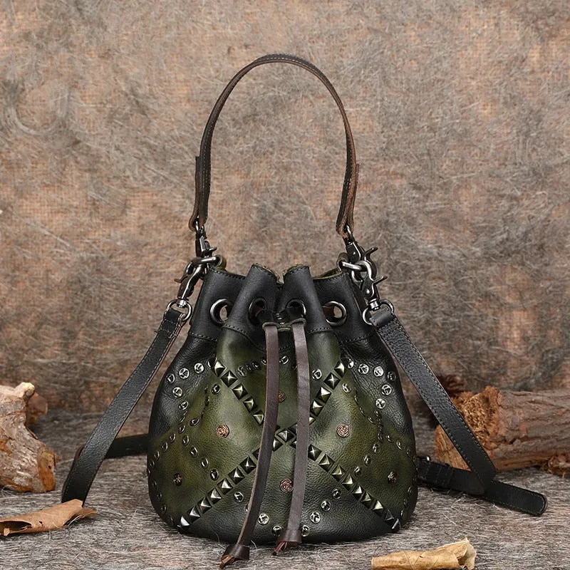 Women's Soft Leather Small Rivet Bucket Handmade Messenger Handbag