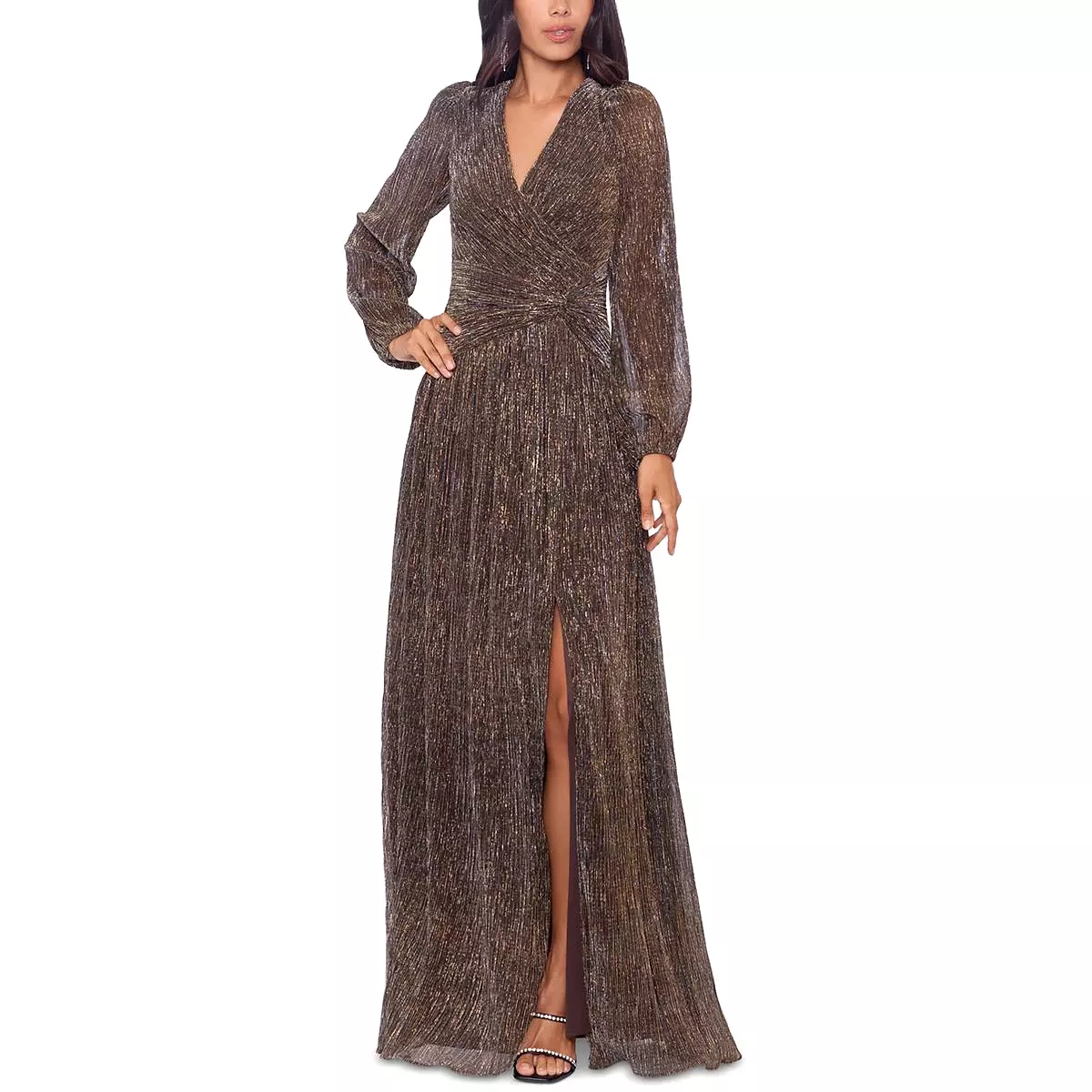 Xscape Womens Metallic Long Evening Dress